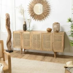 MACABANE ISA - Buffet Marron 5 Portes Bois De Manguier Et Cannage Couleur Naturelle - Marron -MACABANE Elegant store 44470265 5