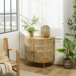 MACABANE ISA - Buffet Marron 2 Portes Bois De Manguier Et Cannage Pieds Métal Doré - Marron