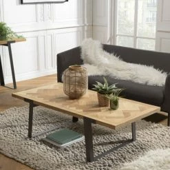 MACABANE CLEMENCE - Table Basse Rectangulaire Plateau Chevrons Bois Et Pieds Métal Noir - Marron/Noir -MACABANE Elegant store 54557322 5