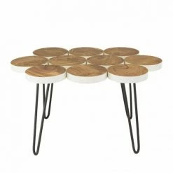 MACABANE SUZY - Table Basse Plateau Rondelles Bois Teck Pieds épingles - Marron/Blanc/Noir -MACABANE Elegant store 54557674 4