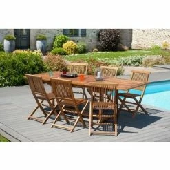 MACABANE HANNA - SALON DE JARDIN EN BOIS TECK HUILE 4/6 Pers : 1 Table Rectangulaire Extensible 120*180/90 Cm Et 6 Chaises - Marron