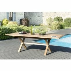 MACABANE HARRIS - Table De Jardin 8/10 Personnes - Rectangulaire Pieds Croisés Extensible 180/240x100 Cm En Bois Teck - Marron