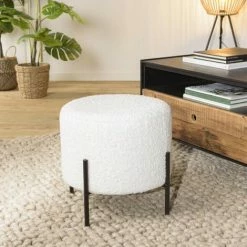 MACABANE ALBANE - Tabouret Rond 40x40cm Tissu Bouclette Blanc Pieds Métal Noir - Blanc