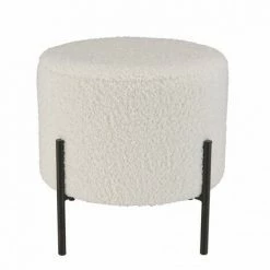 MACABANE ALBANE - Tabouret Rond 40x40cm Tissu Bouclette Blanc Pieds Métal Noir - Blanc -MACABANE Elegant store 71057084 4