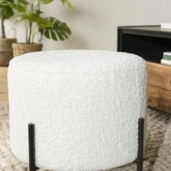 MACABANE ALBANE - Tabouret Rond 40x40cm Tissu Bouclette Blanc Pieds Métal Noir - Blanc -MACABANE Elegant store 71057084 5