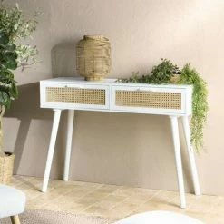 MACABANE SANDRO - Console Blanche 2 Tiroirs Cannage Naturel - Blanc