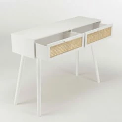 MACABANE SANDRO - Console Blanche 2 Tiroirs Cannage Naturel - Blanc -MACABANE Elegant store 71057085 4