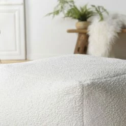 MACABANE ALBANE - Pouf Carré 53x53cm Tissu Bouclette Blanc - Blanc -MACABANE Elegant store 71057088 5