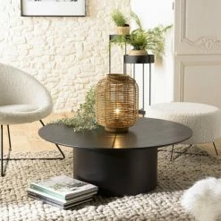 MACABANE DALY - Table Basse Ronde Noire 90x90cm Piètement Métal - Noir