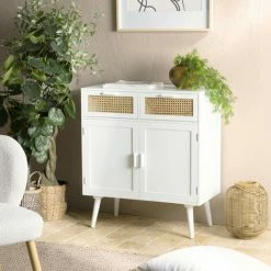 MACABANE SANDRO - Buffet Blanc 2 Portes 2 Tiroirs Cannage Naturel - Blanc