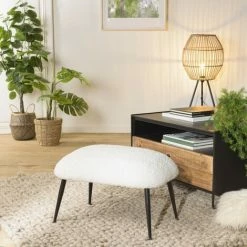 MACABANE ALBANE - Tabouret Cosy Tissu Bouclette Blanc Pieds Métal Noir - Blanc