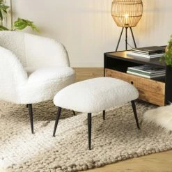 MACABANE ALBANE - Tabouret Cosy Tissu Bouclette Blanc Pieds Métal Noir - Blanc -MACABANE Elegant store 71057101 5