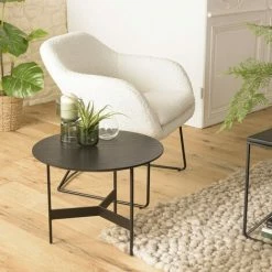 MACABANE DALY - Table Basse Ronde Noire 50x50cm Piètement Métal - Noir