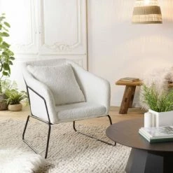 MACABANE ALBANE - Fauteuil Tissu Bouclette Blanc Pieds évasés Métal Noir - Blanc