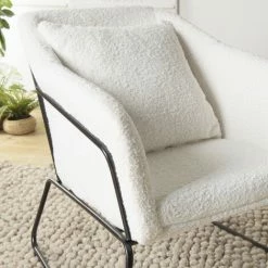 MACABANE ALBANE - Fauteuil Tissu Bouclette Blanc Pieds évasés Métal Noir - Blanc -MACABANE Elegant store 71057108 3