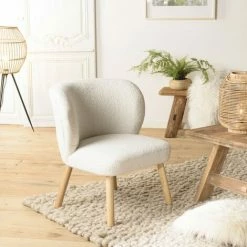 MACABANE ALBANE - Fauteuil En Tissu Bouclette Blanc Pieds En Bois - Blanc