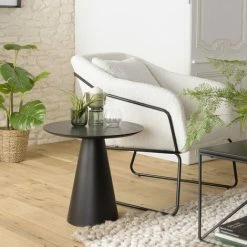 MACABANE DALY - Table D'appoint Ronde Noire 50x50cm Pied Conique Métal - Noir