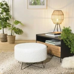 MACABANE ALBANE - Pouf Rond Tissu Bouclette Blanc Pieds Croisés Métal Noir - Blanc