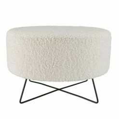 MACABANE ALBANE - Pouf Rond Tissu Bouclette Blanc Pieds Croisés Métal Noir - Blanc -MACABANE Elegant store 71057122 3