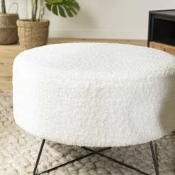 MACABANE ALBANE - Pouf Rond Tissu Bouclette Blanc Pieds Croisés Métal Noir - Blanc -MACABANE Elegant store 71057122 4