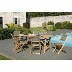 MACABANE HALICE - SALON DE JARDIN EN BOIS TECK 6/8 Pers - 1 Table Rectangulaire 180*90 Cm Avec 6 Chaises Textilène Taupe - Marron