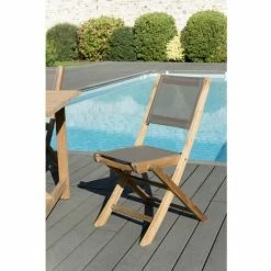 MACABANE HALICE - SALON DE JARDIN EN BOIS TECK 6/8 Pers - 1 Table Rectangulaire 180*90 Cm Avec 6 Chaises Textilène Taupe - Marron -MACABANE Elegant store 7846832 5
