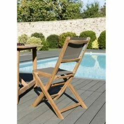 MACABANE HARRIS - Ensemble De 2 Chaises De Jardin Pliantes En Bois Teck Et Textilène Couleur Taupe - Marron -MACABANE Elegant store 7846834 3
