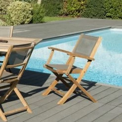 MACABANE HARRIS - Ensemble De 2 Fauteuils De Jardin Pliants En Bois Teck Et Textilène Couleur Taupe - Marron