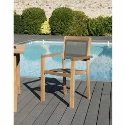 MACABANE HARRIS - Ensemble De 2 Fauteuils Jardin Empilables En Bois Teck Et Textilène Couleur Taupe - Marron