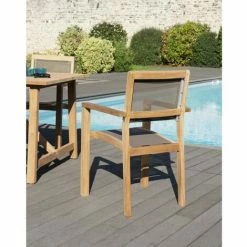 MACABANE HARRIS - Ensemble De 2 Fauteuils Jardin Empilables En Bois Teck Et Textilène Couleur Taupe - Marron -MACABANE Elegant store 7846836 3