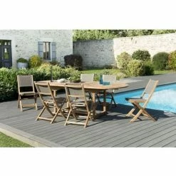MACABANE HARRIS - SALON DE JARDIN EN BOIS TECK 8/10 Personnes - 1 Table Ovale Extensible 180/240*100 Cm Et 6 Chaises Taupe - Marron