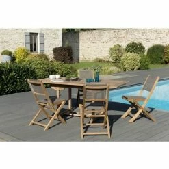 MACABANE HARRIS - SALON DE JARDIN EN BOIS TECK 4/6 Pers - Ensemble De Jardin - 1 Table Rectangulaire Extensible 120/180*90 Cm - 4 Chaises - Marron