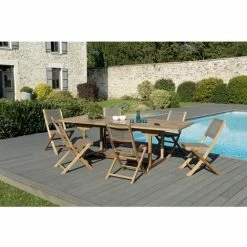 MACABANE HARRIS - SALON DE JARDIN EN BOIS TECK 8/10 Pers - 1 Table Rectangulaire Extensible 180/240*100 Cm Et 6 Chaises Taupe - Marron
