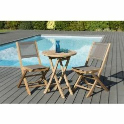 MACABANE HARRIS - SALON DE JARDIN EN BOIS TECK 2 Pers - 1 Table Ronde Pliante 60 Cm Et 2 Chaises Textilène Couleur Taupe - Marron